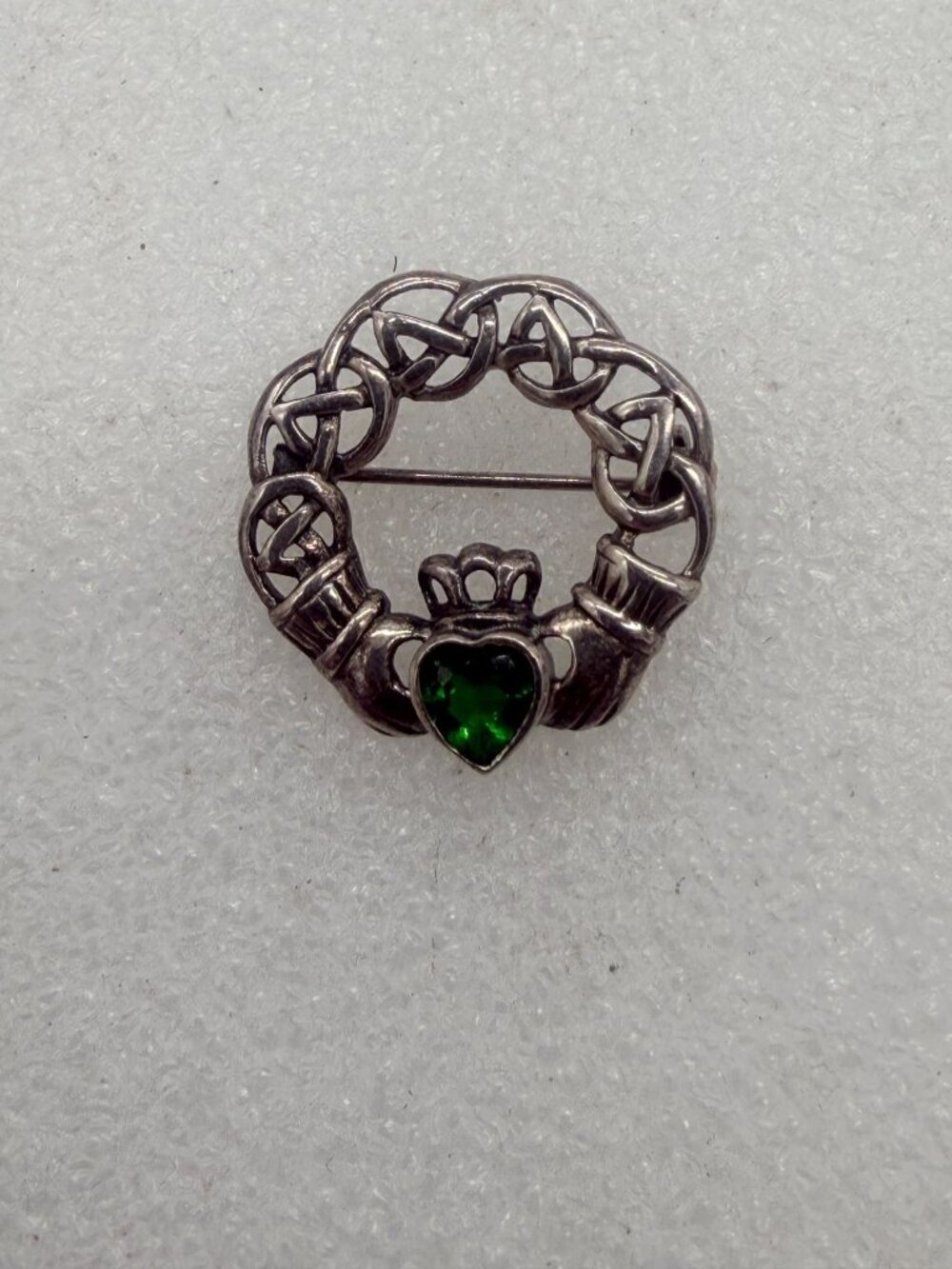 925 Sterling Silver Irish Claddagh Brooch with Green Heart Stone